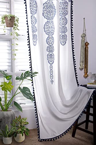 Image of Tranquebar Curtain Co. 100% Cotton, Moroccan Tasseled Geometric Print, Room Darkening Curtains for Door (with Back Tabs) - 7 Feet, Daira: Blue, 1 Piece (Length 213 cm)