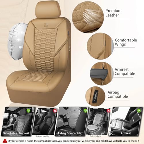 Image of CAR PASS 3D Foam PU Leather Car Seat Covers Full Set,Tan Breathable Faux Leather Seat Covers for Car,Anti Slip Universal Fit for SUVs Vans Sedan Truck Automotive,Armrest Airbag Compatible All Beige
