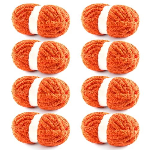 8 Pack Chunky Yarn for Hand Knitting - Chunky Chenille Blanket Yarn for Crocheting - Jumbo Fluffy Yarn for Crochet - Super Bulky Yarn 25 yds 7.7 oz Each Skein (Orange Red)