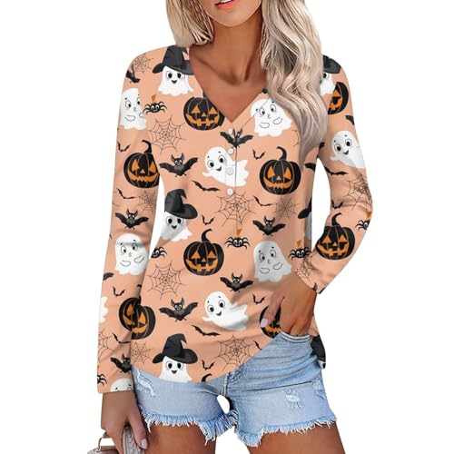 Ladies Long Sleeve Halloween and Christmas Decorative Button Tunic Basic V-Neck Casual Shirt Fashion Tops