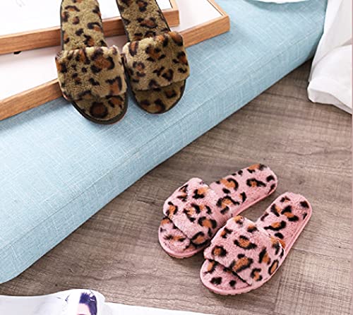 HANDKEI Winter women's furry fur slippers open-toed home leopard print slippers soft flat non-slip slippers4