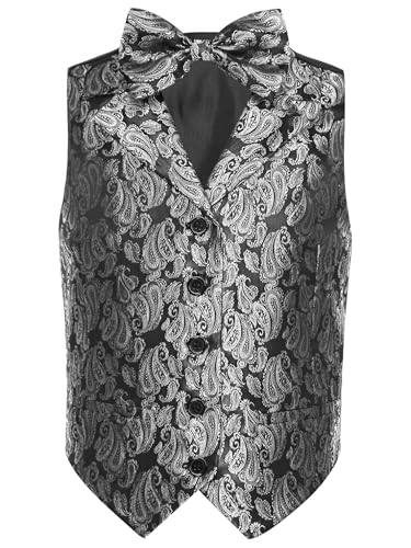 renvena Boys Classic Fit Paisley Jacquard Dress Suit Vest with Bow Tie Set for Banquet Wedding Party