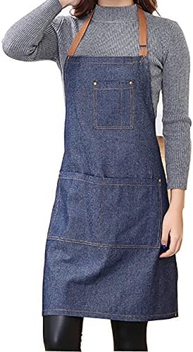YAKEFJ Denim Apron with Pocket Adjustable Denim Jean Kitchen Apron with 3 Pockets for Women Men
