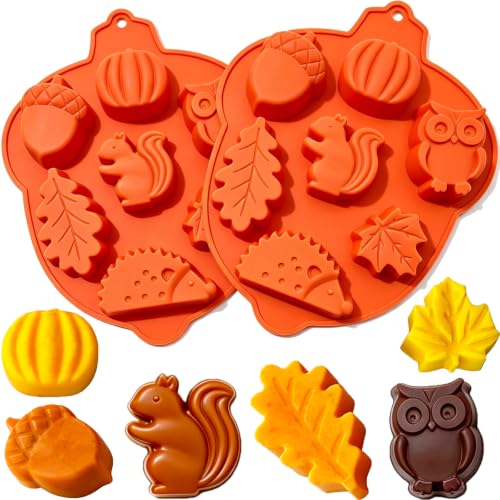 2 Pack Large Fall Thanksgiving Silicone Molds for Baking Autumn Harvest Forest Animal Chocolate Cake Molds with 3D Pumpkin Squirrel Owl Maple Leaf Acorn Silicone Molds for Candle Soap Jello Molds
