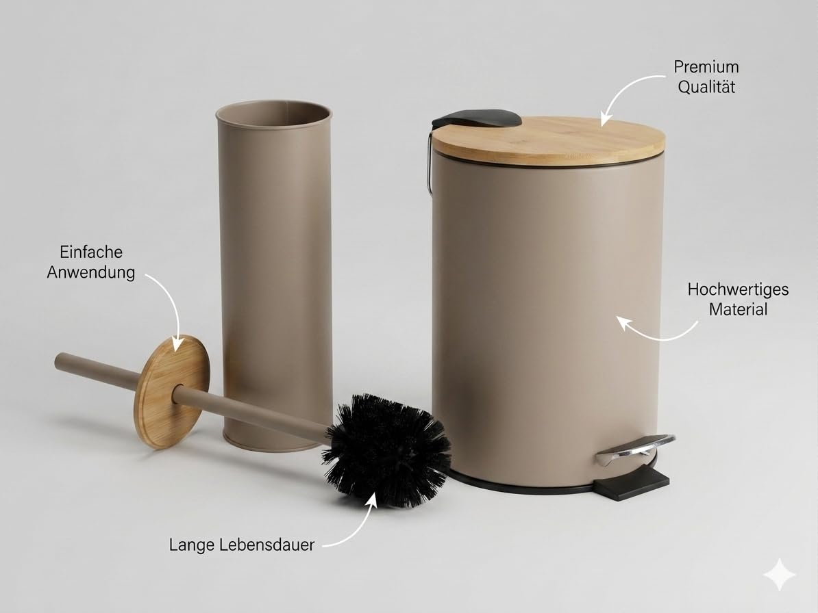 Badaccessoire-Set 2-teilig – Toilettenbürste & Kosmetikeimer mit Absenkautomatik für Bad & Gäste – Mattes Design & Bambusdeckel – Soft-Close-Technologie (Taupe)