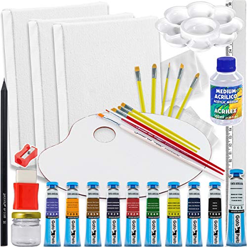 Kit Pintura 3 Telas + Paleta + 8 Pinceis + Potinho Vidro + 10 Tintas - Tinta Acrílico