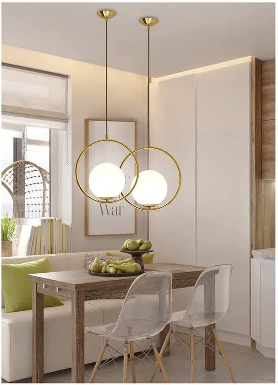 Image of Modern Designer Spherical Sparkle Golden Metal Circular with White Lampshade Pendant Hanging Light and Ceiling Lamp with E27 Holder 2 Spherical Ring with 2 Bulbs