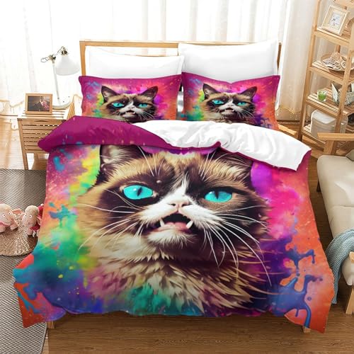 Housse de couette chat 220x240 parure de lit microfibre 3 pièces lit double King