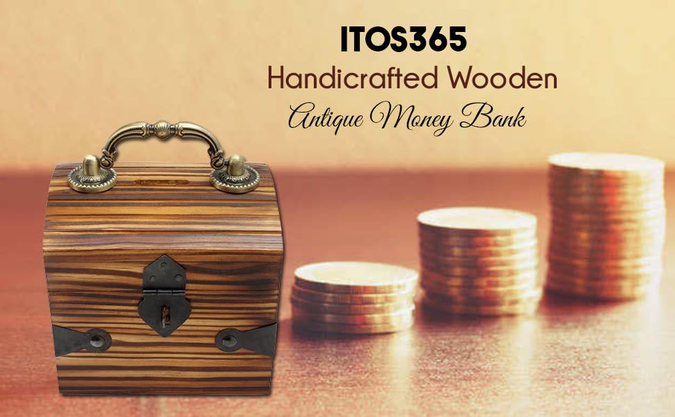 Image of ITOS365 Handicrafted Wooden Antique Money Bank for Children- Woody Finish | Coin Savings Box Piggy Bank | Gifts for Kids, Girls, Boys & Adults | Large Size Money Storage Box