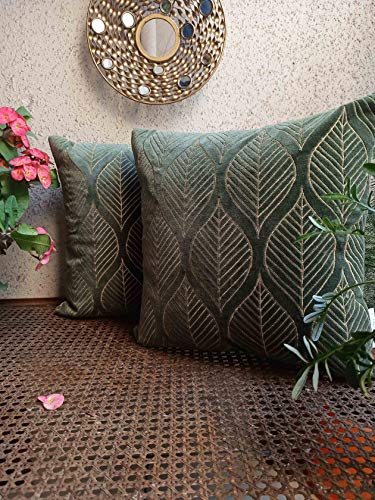Image of Cotton Velvet with Leaf /Tribal ZARI Embroidered Stitched Zippered Cushion Cover (SAGE /Olive Green) | 16x16 Inches | Set of 2|