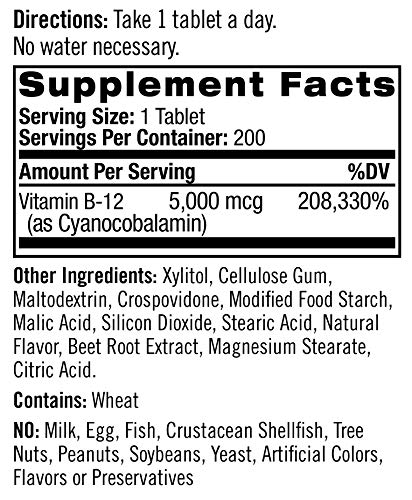 Natrol Vitamin B12 Fast Dissolve Tablets, Promotes Energy, Supports A Healthy Nervous System, Maximum Strength, Strawberry Flavor, 5,000Mcg, 200 Count #TOP5