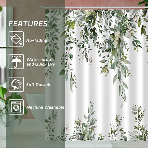 Image of Eucalyptus Shower Curtain, Abstract Aesthetic Art Watercolor Plant Leaves with Floral Bathroom Decor, Waterproof Fabric Cloth Bath Curtain Set with Hooks (Dark Green, 72x72 Inches)