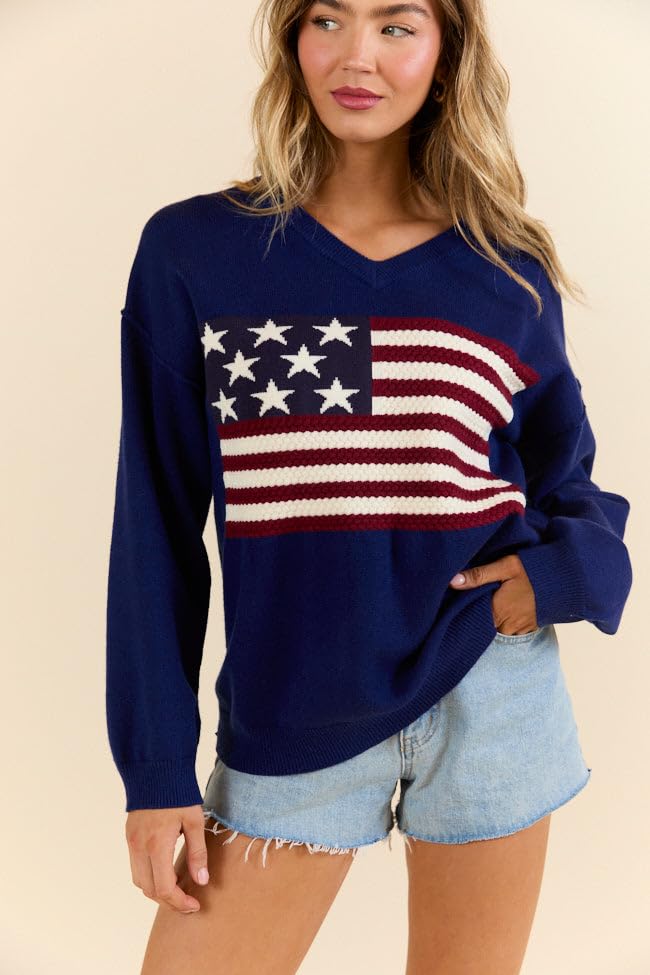 Image of Dressmine Womens American Flag Knit Sweater Crew Neck Long Sleeve Pullover | Casual Loose Graphic Outfits, Fall Sweatshirts, Trendy Clothes, Cute Patriotic Shirt, 2026 Cozy Elasticity Winter Tops