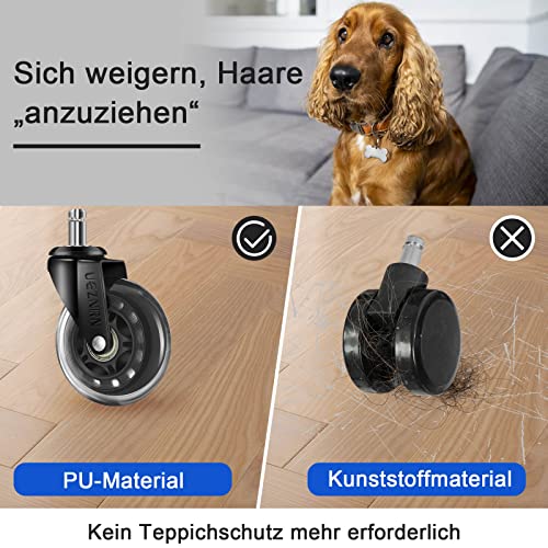 UEZNIRN 5er Set Bürostuhl Rollen für 11mmx22mm Bürostühle, Leise Hartbodenrollen Passend für Tragfähigkeit bis 200kg Gummirollen Bürostuhl, Stuhlrollen 360 Grad Drehen Ohne Kratzer