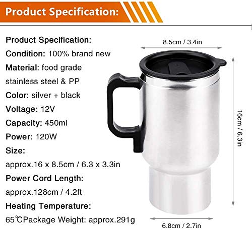 Image of Portable Car Tea Kettle 12V With Usb Cable For Travel | Electric Stainless Steel Heated Cup | Coffee Mug With Charger For Vehicle Cigarette Lighter Tea Water Boiler for Drivers Road Trip 450 ML