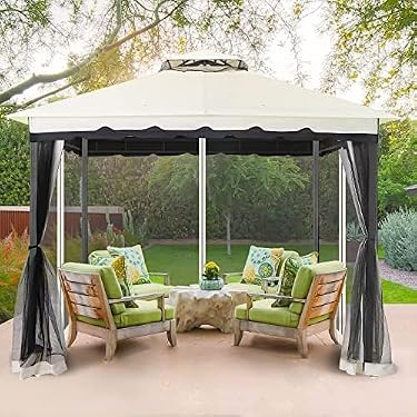 AMAZON - 10×10 Gazebo with Mosquito Netting & Sandbag, Aluminum Pole Outdoor Gazebo with Polyester Top, Fireproof Enclosure & Waterproof Screen Patio Tent, Garden Pavilion for Backyard, Lawn (Cream)