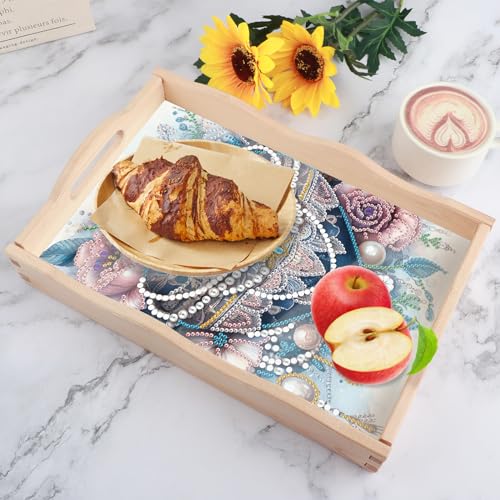 Image of AiYuanzsh DIY Diamond Art Wooden Tray with Handle, Blue Jewel Heart with Flowers Design, Diamond Painting Mosaic Kit, Creative Craft Diamond Art Tray for Coffee Table and Home Organizer