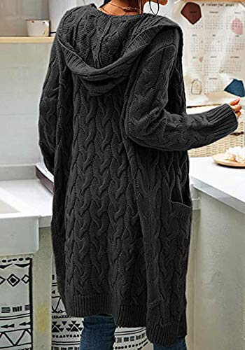 Image of Women Hooded Open Front Cardigan Cable Knit Chunky Long Sweater Coats | solid color, cable knit ,long duster cardigan,chunky coatigan,winter ,falll ,side pockets