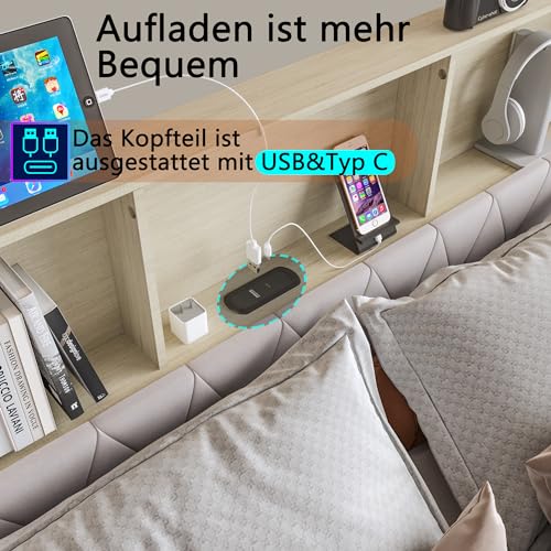 Bett mit Schublade, 180 x 200 cm, Doppelbett, gepolstert, mit 4 Schubladen, Bett, Truhe mit LED und USB-Aufladung, Bettgestell mit Kopfteil für Erwachsene Jugendliche, Samt, Beige – Bild 5