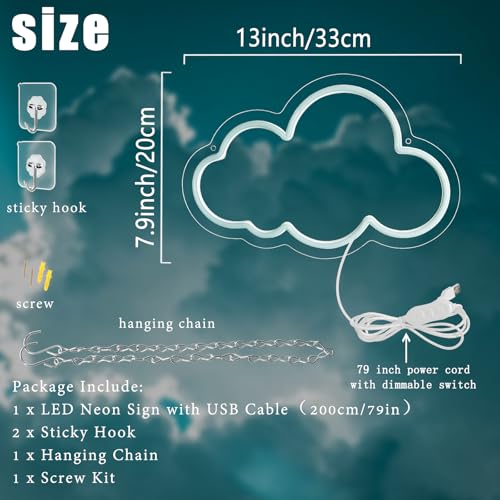 Image of Cloud Neon Sign Cute Blue Clouds LED Light Sign for Wall,13 * 7.9in Dimmable USB Floating Clouds Light Up Sign for Living Room Kid Bedroom Nursery Birthday Christmas Wedding Party decor
