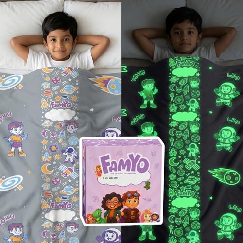 Image of Famyo GlowMaxx Glow in Dark Kids Flannel Blanket 200x152 cm | Leo the Astro, soft flannel double bed blanket, warm winter blanket, lab-tested & safe, grey for kids
