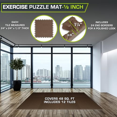Image of ProsourceFit Exercise Puzzle Mat 1 /2-inch, EVA Interlocking Foam Floor Tiles for Home Gym, Workout Equipment, Kids Play Areas, Brown, 48 Sq Ft - 12 Tiles