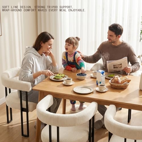 Image of Modern Corduroy Dining Chairs Set of 4 with Metal Legs,Comfy Accent Dining Room Chairs Upholstered Kitchen Side Chairs with Curved Backrest for Dining Room Kitchen Living Room (White,4)