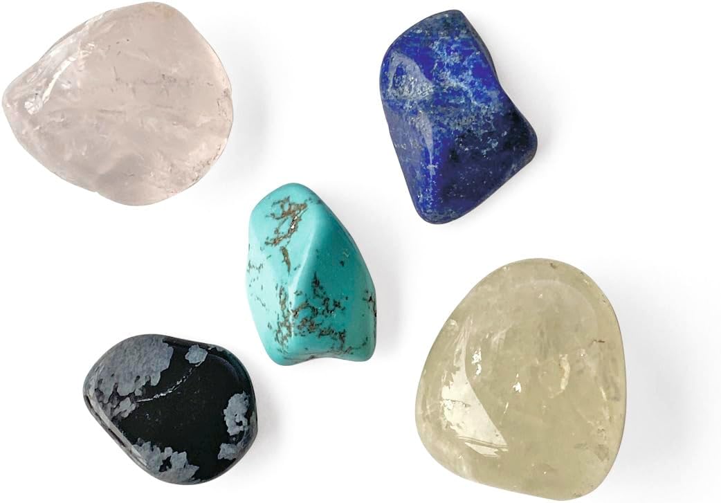 A third set of five polished minerals, including light pink, dark blue, turquoise, black, and light yellow stones.