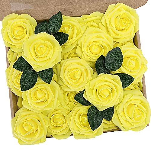 N&T NIETING Künstliche Blumen Rosen, 25 Stück Deko Blumen Foamrosen Fake Rosen mit Stielen DIY Hochzeit Blumensträuße Braut Zuhause Dekoration, Gelb