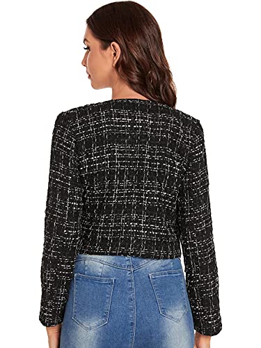 SheIn Women's Long Sleeve Plaid Tweed Open Front Cropped Jacket Work Office Blazer Black Large - Thumbnail 2