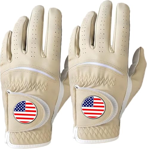 FINGER TEN Golf Gloves Men Colorful 2 Pack for Left Right Handed Golfer, Comfortable Gloves with Ball Marker for Serious Performance, Fit Size Small Medium ML Large XL (Khaki,Large,Worn on Left Hand)
