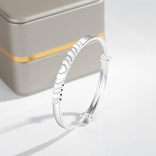 Miniatura 3 de haiiah Pulseras de plata de ley para mujeres y niñas, pulsera con patrón de corazón tallado, pulsera ajustable de plata 99.99% para mujer, Sin gemas.