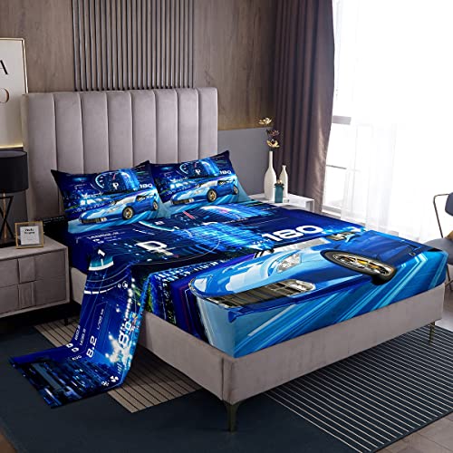 Feelyou Boys Race Car Sheet Set Cool Sports Car Bed Sheets for Kids Boys Girls Extreme Sports Bed Set Blue Automobile Car Bedding Sheets 1 Bed Sheets with 2 Pillowcases Queen Size