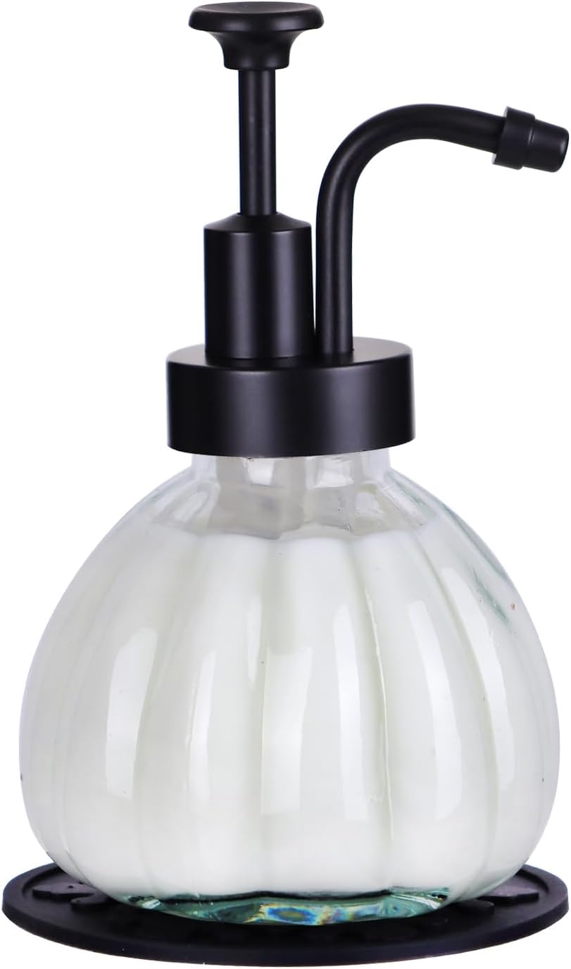 8 Oz Glass Soap Dispenser for Kitchen and Bathroom Countertop, Smooth Action Pump Refillable Wash Hand Liquid, Dish Detergent, Farmhouse Style with Pumpkin Shape Shampoo Lotion Pump