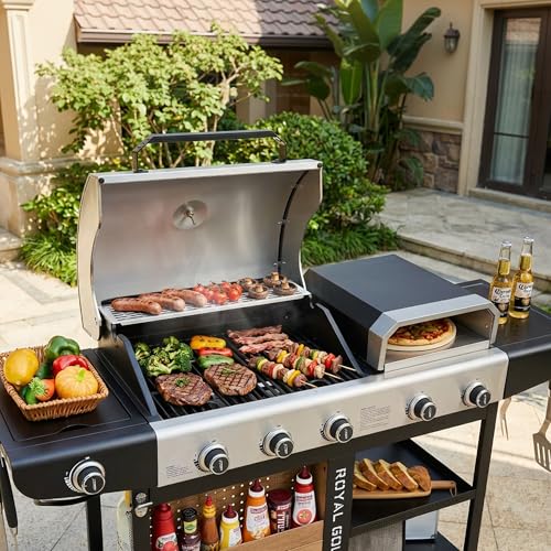 Grills House ZH3004H Premium Gas Grill and Pizza Oven Combo with Side Burner, 59,000 BTU, 768 Square Inches of Grilling Area, Automatic Ignition, Perfect for Backyard, Patio and Outdoor Parties, Black