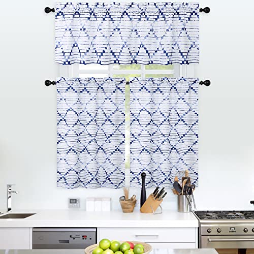 Caremee Kitchen Curtains Navy Blue Geometric Pattern Tier Curtains Light Filtering Rustic Cafe Curtains Farmhouse Lattice Short Window Curtains For Bathroom Rv, 26" W X 36" L,Navy Blue #TOP2