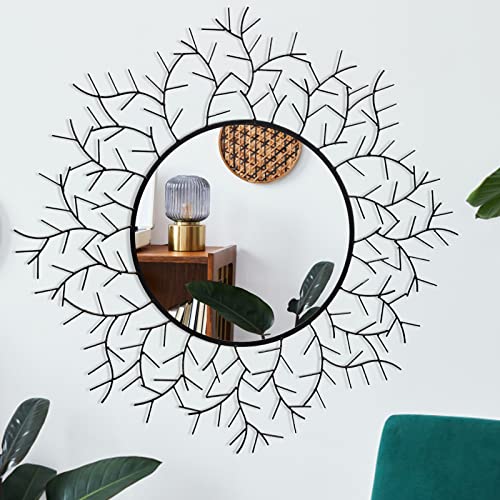 POZINO Round Sunburst Decorative Mirror, 31.5 Inch Black Metal Fr...