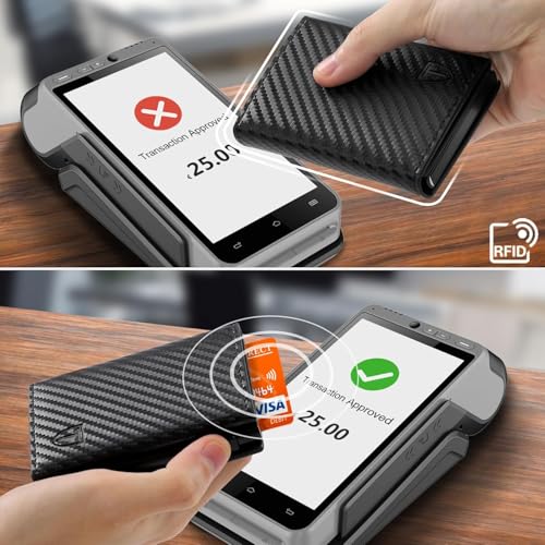 TEEHON Leder Geldbörse Herren mit Münzfach & RFID Schutz | Slim Wallet Kreditkartenetui mit Banknotenfächer | Carbon Geldbeutel Herren Kartenetui Klein& ID-Fenster | Mini Portmonee | Schwarz