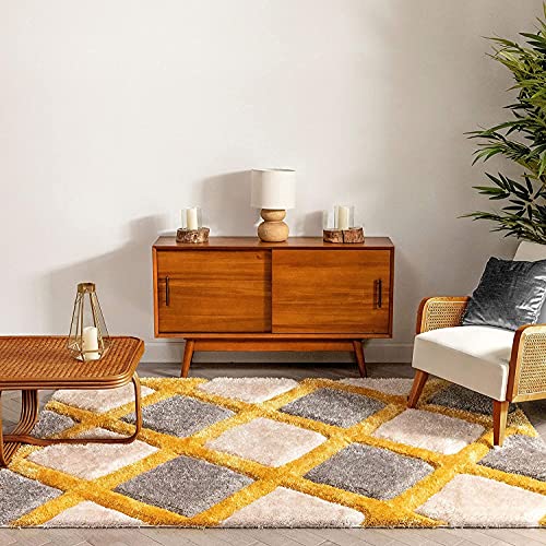 Image of Shaggy Rug for Bedroom Living Room 3X5 FEET Fluffy Plush Area Carpet with Non Slip Backing, Modern Cozy Floor Rug for Home Decor and Comfort (Yellow-Grey)