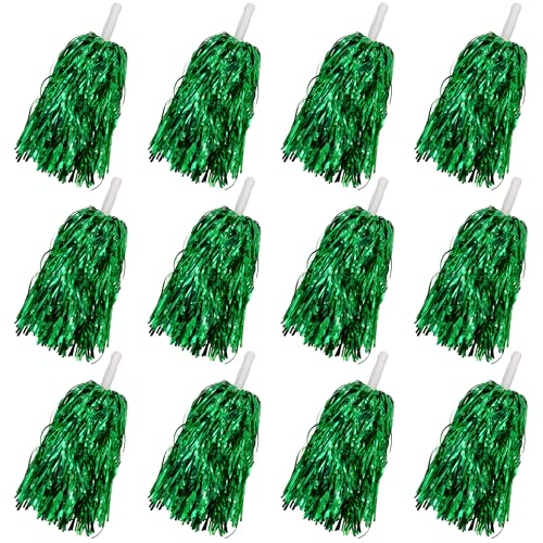 12PCS Cheerleading Pom Poms Metallic Foil Plastic Pom Poms for Football Basketball Sports Squads Dancing Party Stage Performance Celebration(Green)