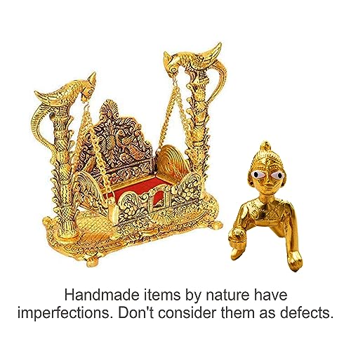 Image of Wonder Care | Laddu Gopal with jhula Statue Sculpted in Great Detail in Ivory Antique Golden Finish - Laddu Gopal | Home Decor | Mandir | Gift | Hindu God Idol (Laddu Gopal+Jhula Combo+Roli Chawal)