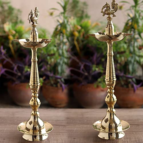 Image of Indian Art Villa Pure Brass Shine Finish Stand /Pillar Diya /Deepak /Lamp /Lantern with Peacock Design, Pooja, Home Decor & Diwali Gift Item, Height-18 Inches, Set of 2