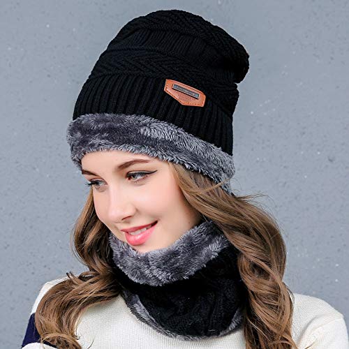 Warm Winter Beanie Hat & Scarf Set Stylish Knit Skull Cap For Men Women (01 Black) #TOP1