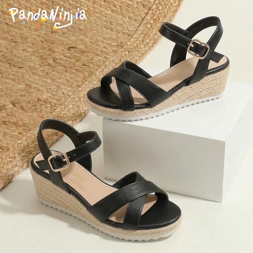 Image of PANDNAINJIA Girls Sandals Wedge Platform Heels Dress Shoes | Little Big Kids Girl Cross Strap Sandal Adjustable Espadrille Flatform Lightweight Flower Wedding Party Shoes