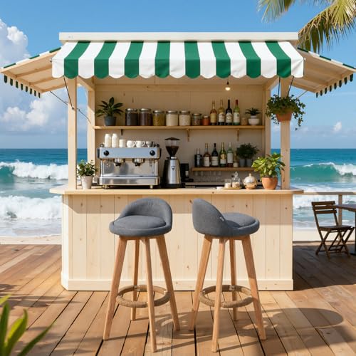 Warmiehomy Bar Stools Set of 2 with Back & Footrest, 360° Swivel Counter Height Stools, Rubber Wood Legs & Linen Fabric Seat Kitchen Island, Breakfast Bar, Home Office,Dining Room Grey - Image 5