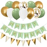 Birthday Decorations for Men & Women - Green Happy Birthday Banner Includes 12 inch Green, Metallic Gold, White and Confetti Balloons, Birthdays Bunting, Ribbon & Adhesive Hooks