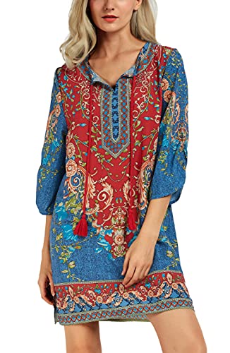 Image of Women Bohemian Neck Tie Vintage Printed Ethnic Style Summer Shift Dress