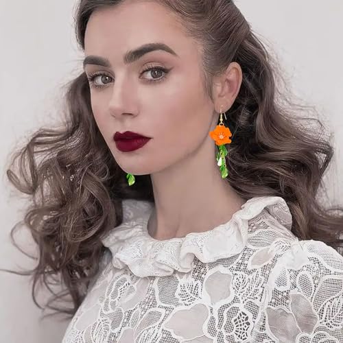 Summer Beach Flower Tassel Earrings for Women Boho Long Flower Dangle Floral Petals Drop Earring for Statement Vacation With Green Leaf3