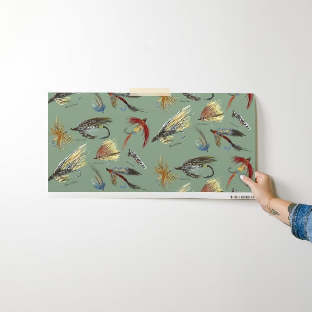Spoonflower Commercial Grade Wallpaper Swatch - Fly Fishing Lures Man Cave Outdoors Men Olive Green Neutral Vintage Hand Recreation Red Traditional Wallpaper