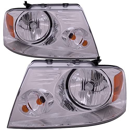 HEADLIGHTSDEPOT Halogen Headlight Set With Chrome Trim Compatible With Ford F-150 2004-2008
